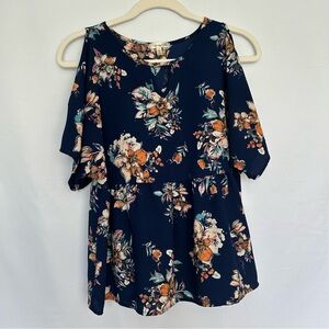 The Outfit Navy Cold Shoulder Peplum Top with Floral Print‎